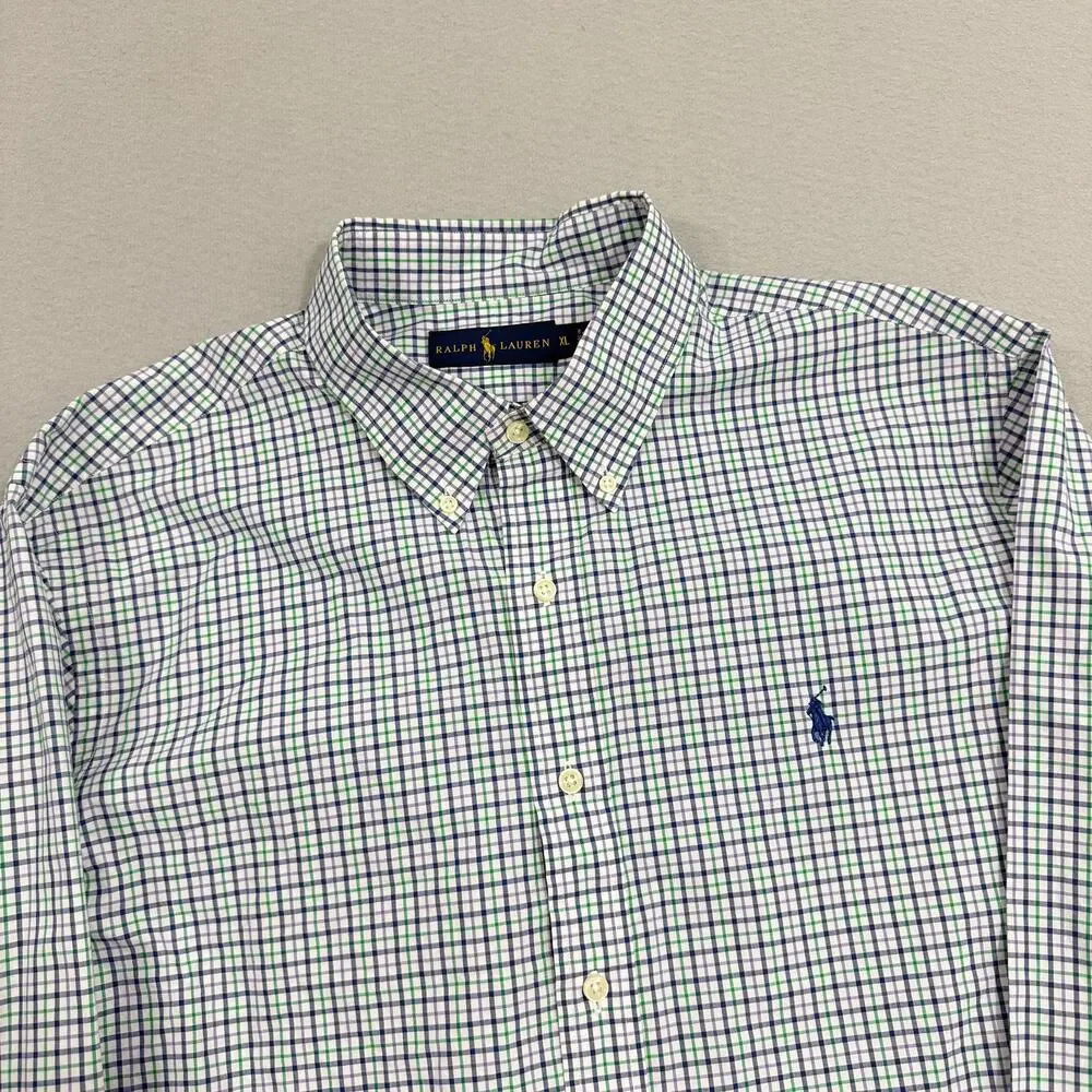 Polo Ralph Lauren Button Down Shirt Men's Extra Large White Blue Green Plaid